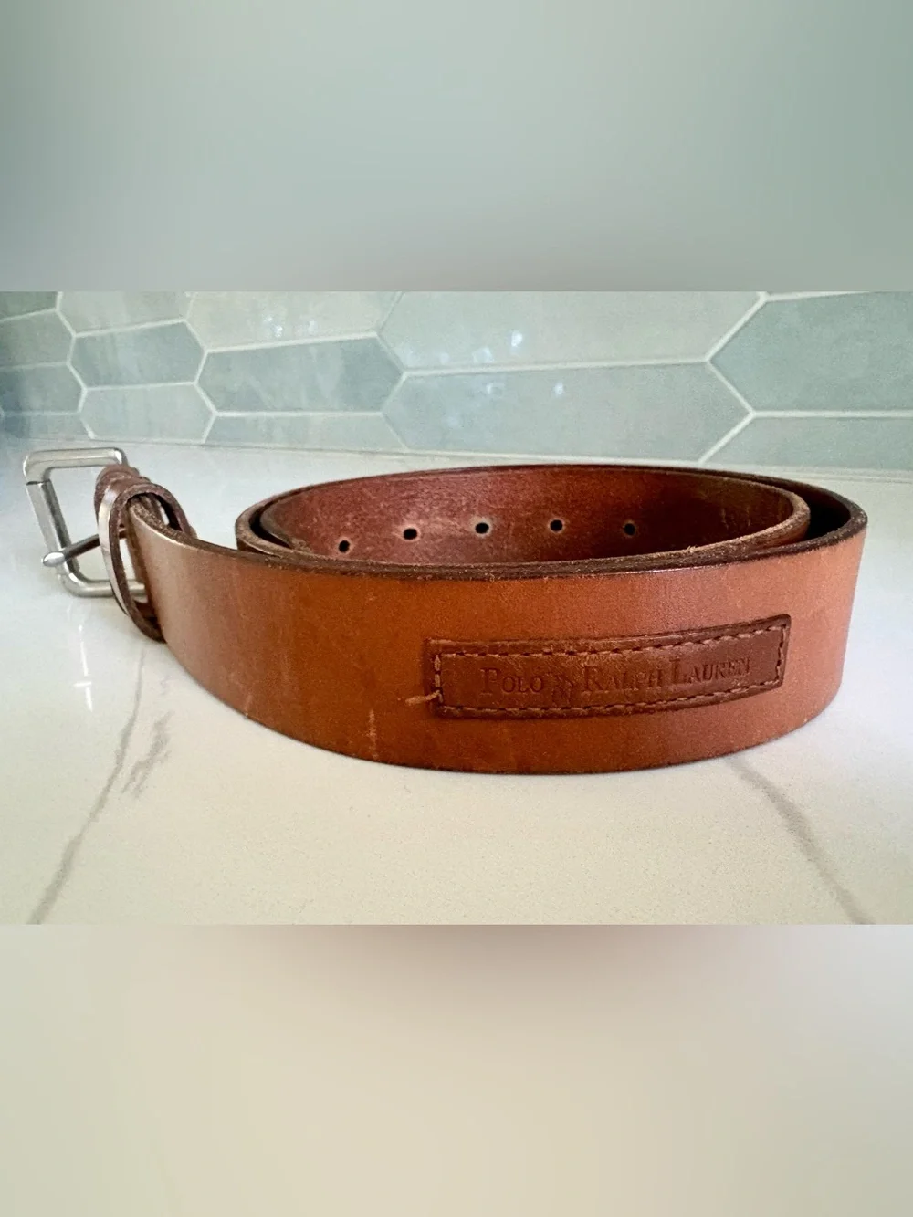 Polo Ralph Lauren Men's Brown Saddle Leather Belt Silver Buckle Logo Patch Sze34